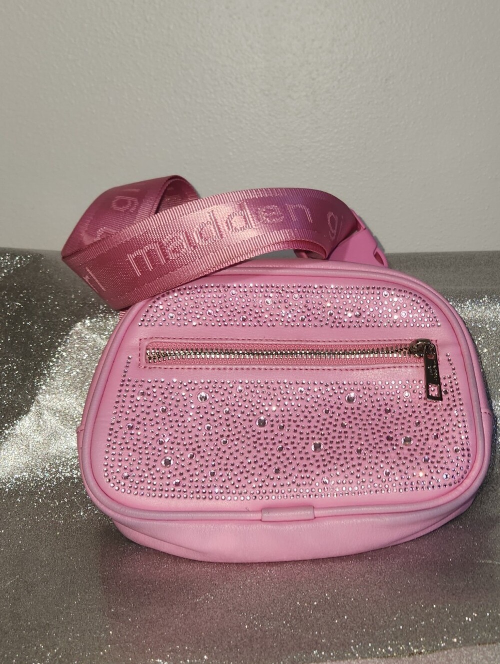 Women's Pink Rhinestone Fanny Pack Bag with Branded Strap